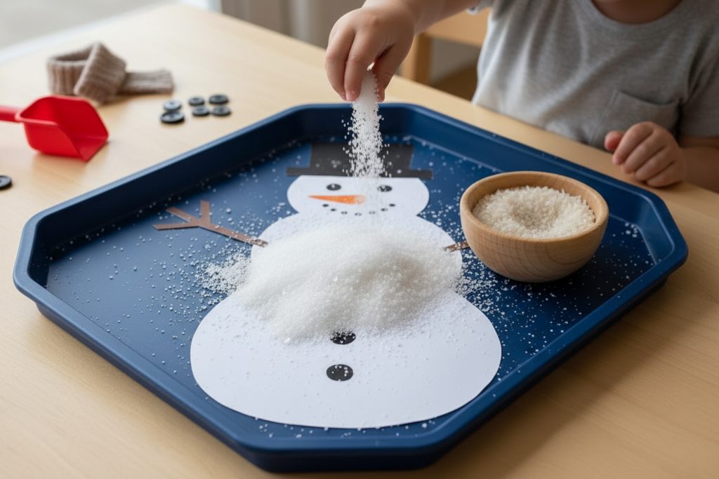 Zimní sensory play pro děti se sněhulákem